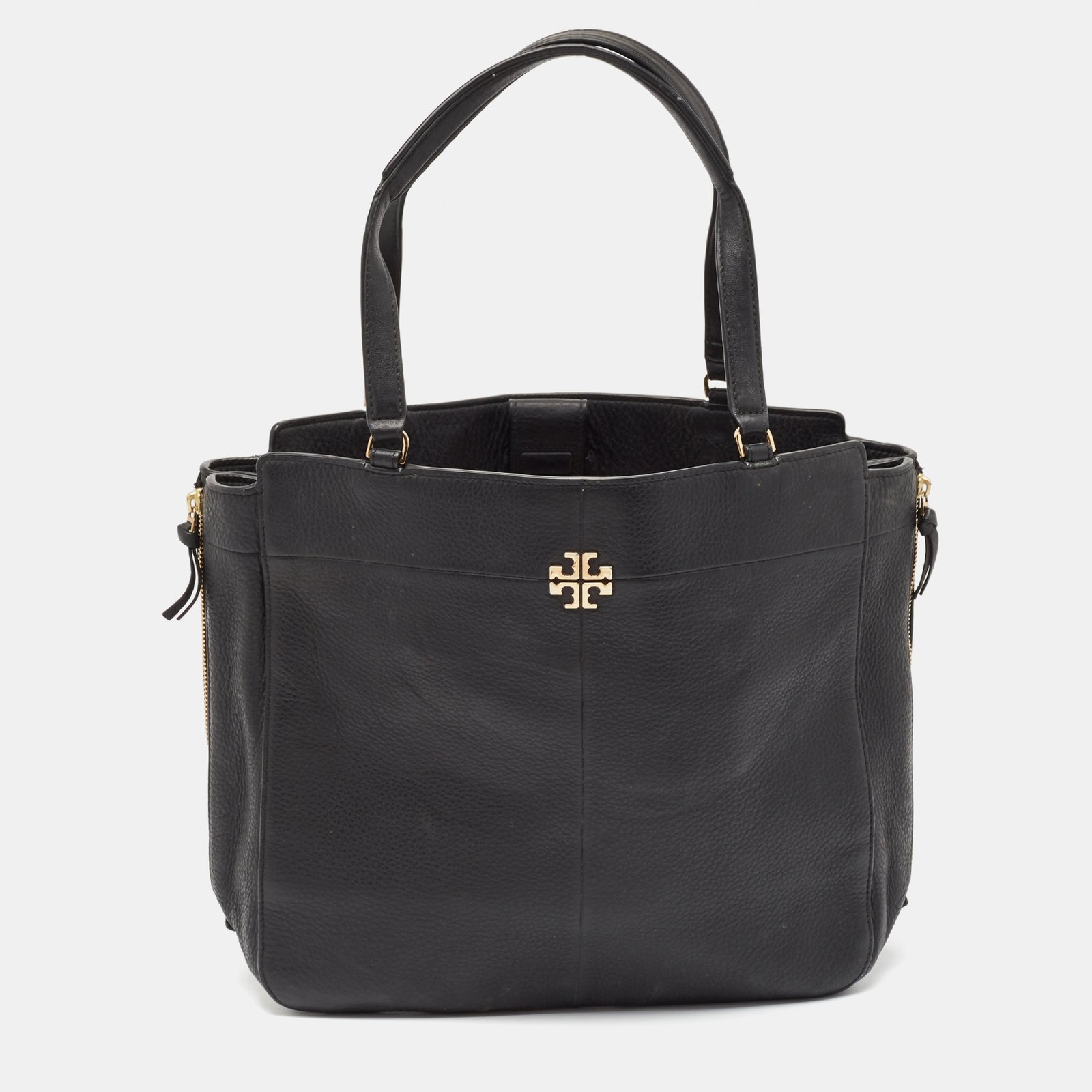 Tory Burch Black Leather Ivy Side Zip Tote