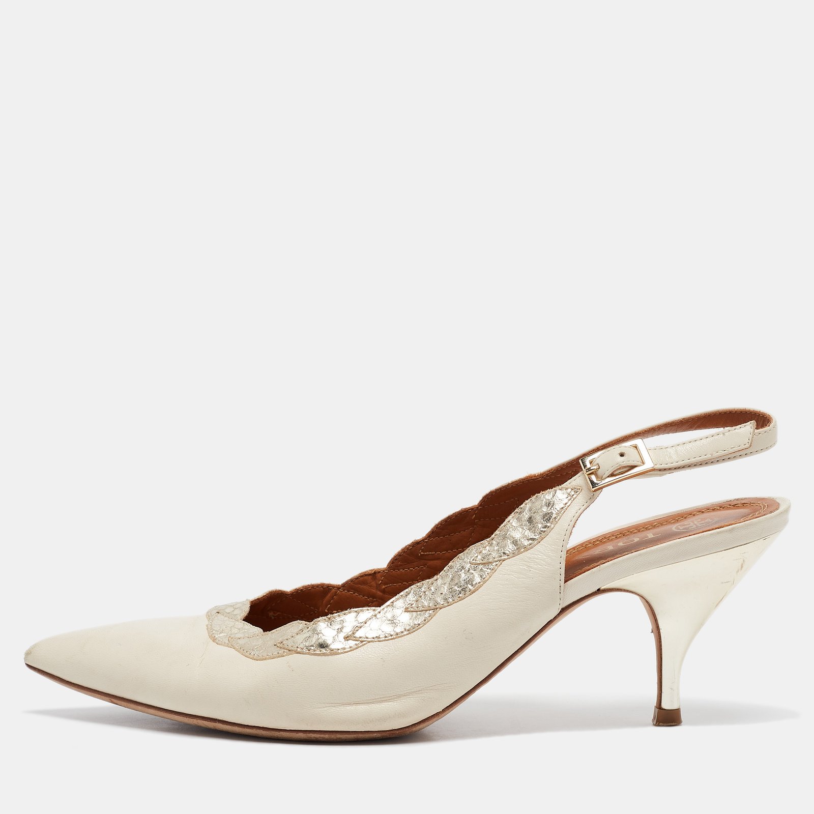 Tory Burch Cream Leather and Embossed Snakeskin Slingback Pumps Size 39