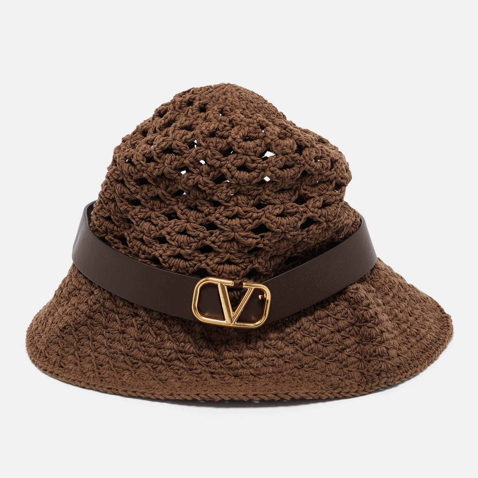 Valentino Brown Vlogo Leather Belted Crochet Fedora Hat M
