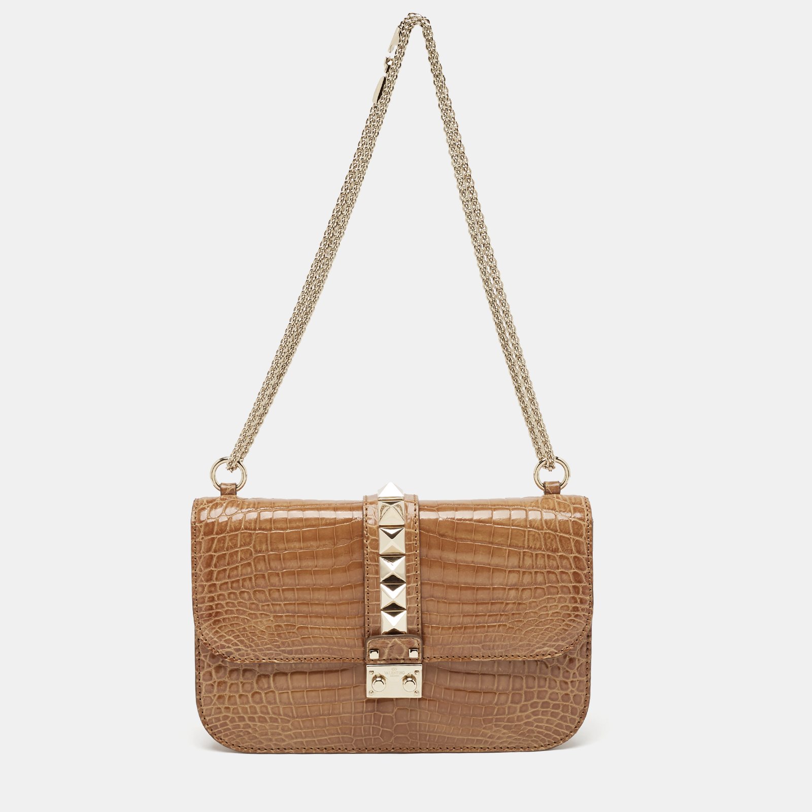 Valentino Brown Crocodile Medium Rockstud Glam Lock Shoulder Bag