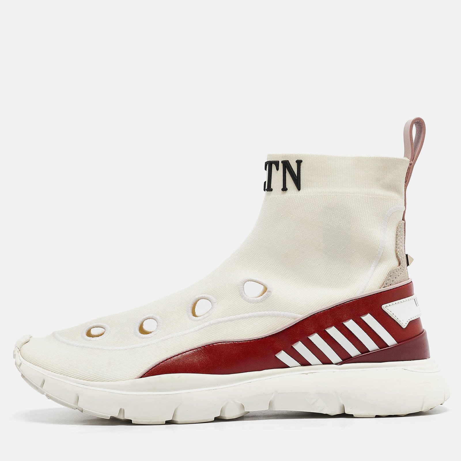 Valentino White/Red Cut Out Knit Fabric Rockstud High Top Sneakers Size 38
