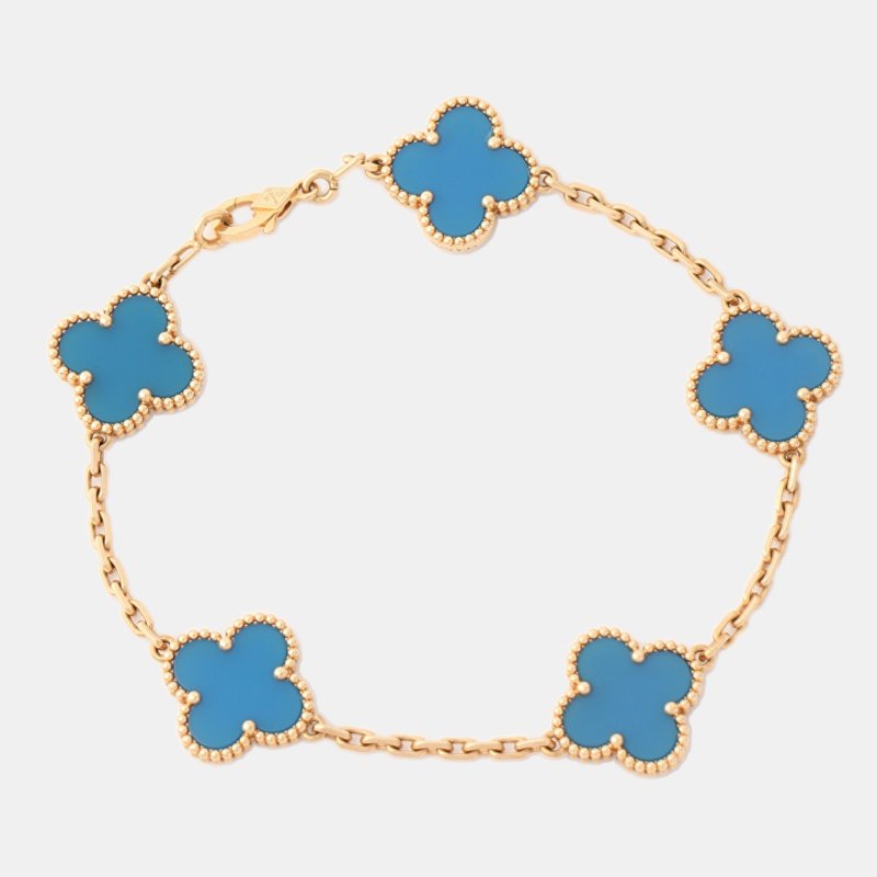 Van Cleef & Arpels Vintage Alhambra Agate 18k Yellow Gold 5 Motif Station Bracelet