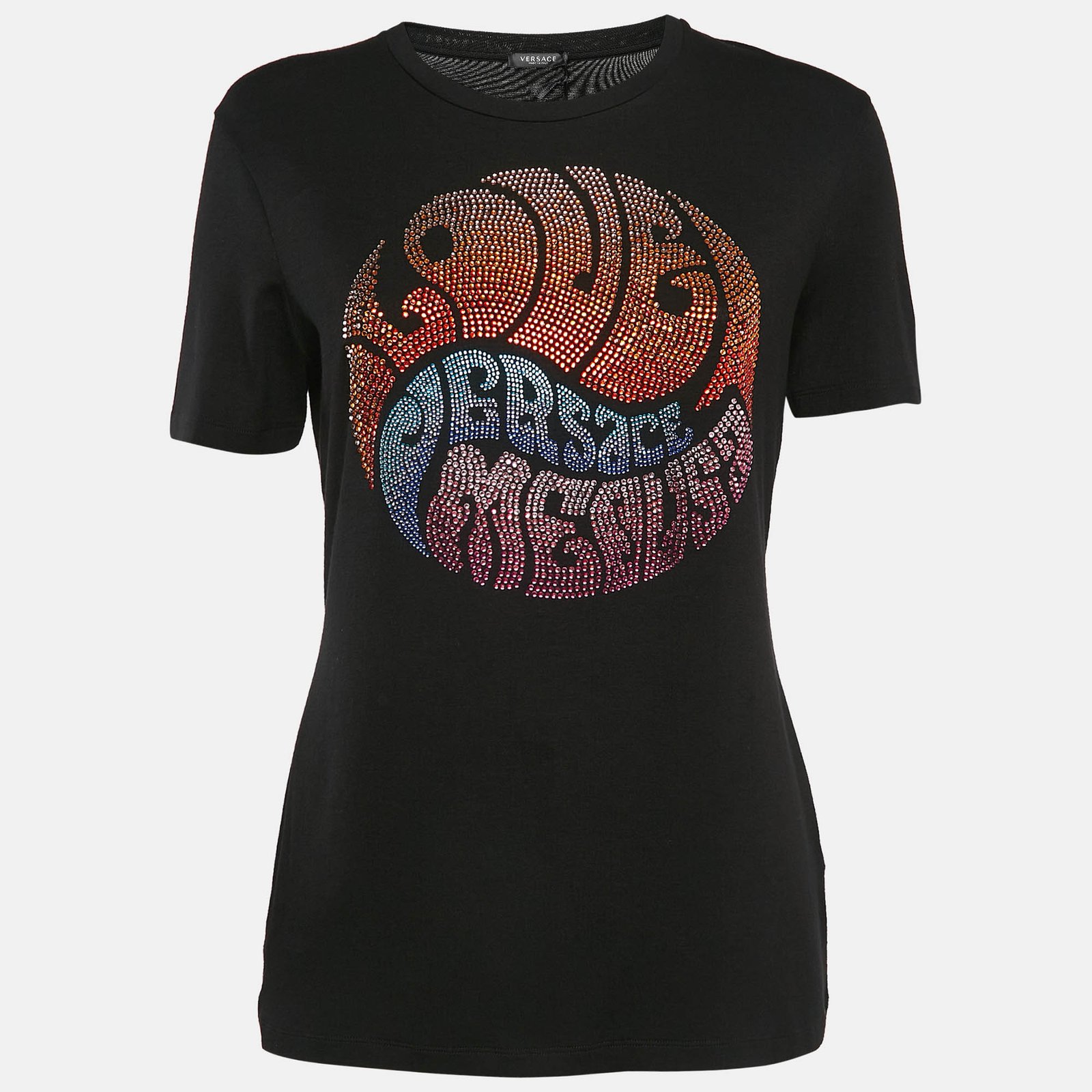 Versace Black Jersey Rhinestone Detail T-Shirt L
