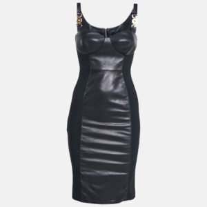 Versace Black Leather and Jersey Zip-Up Bodycon Mini Dress XS