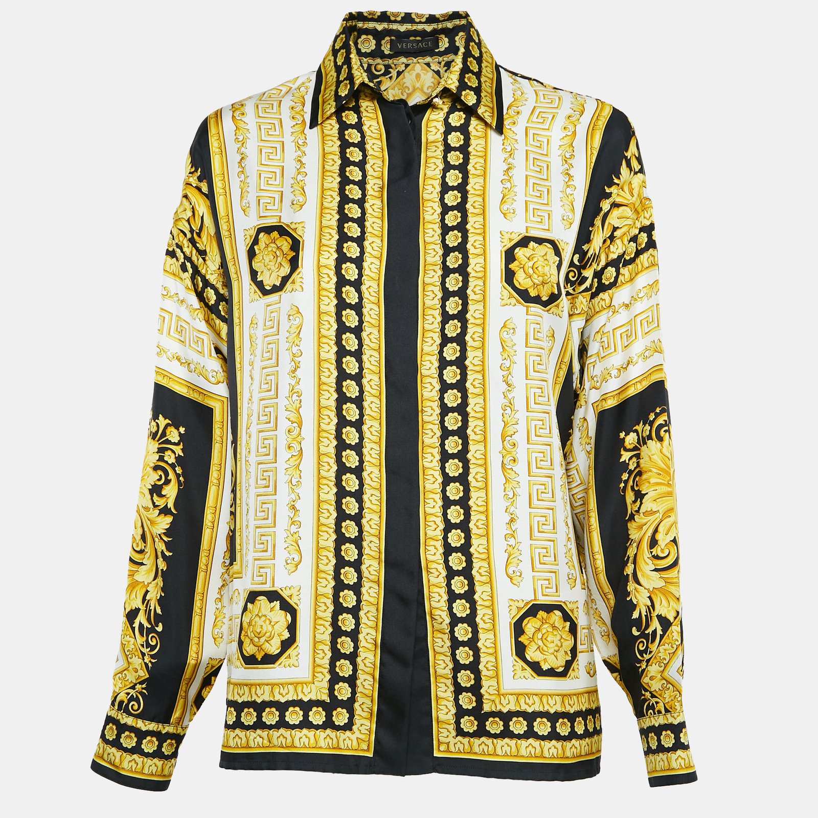 Versace Black/Yellow Baroque Print Silk Long Sleeve Shirt S