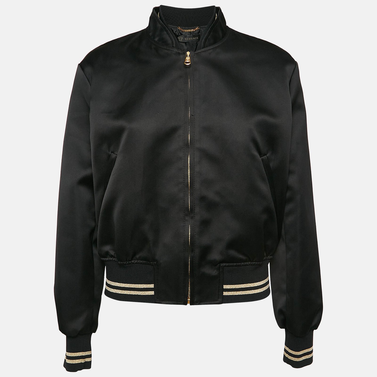 Versace Black Medusa Embroidered Satin Bomber Jacket M