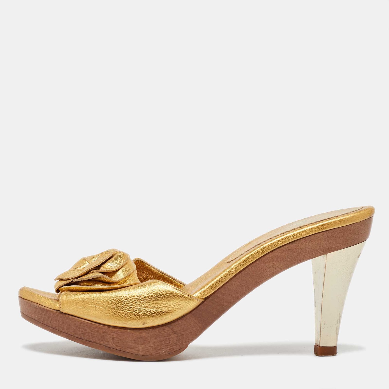 Yves Saint Laurent Metallic Gold Leather Najda Rosette Platform Sandals Size 36