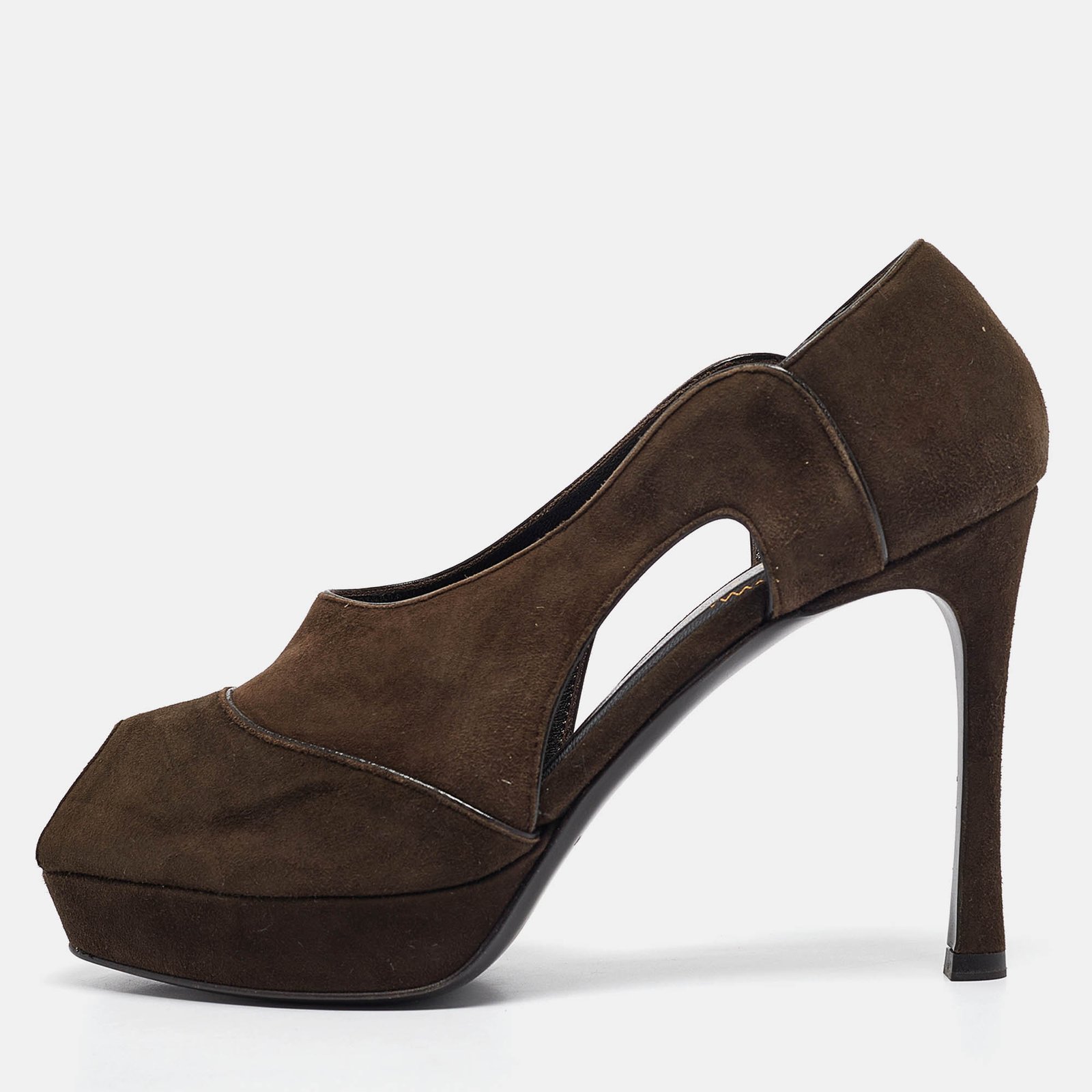 Yves Saint Laurent Brown Cut Out Suede Peep Toe Pumps Size 38.5