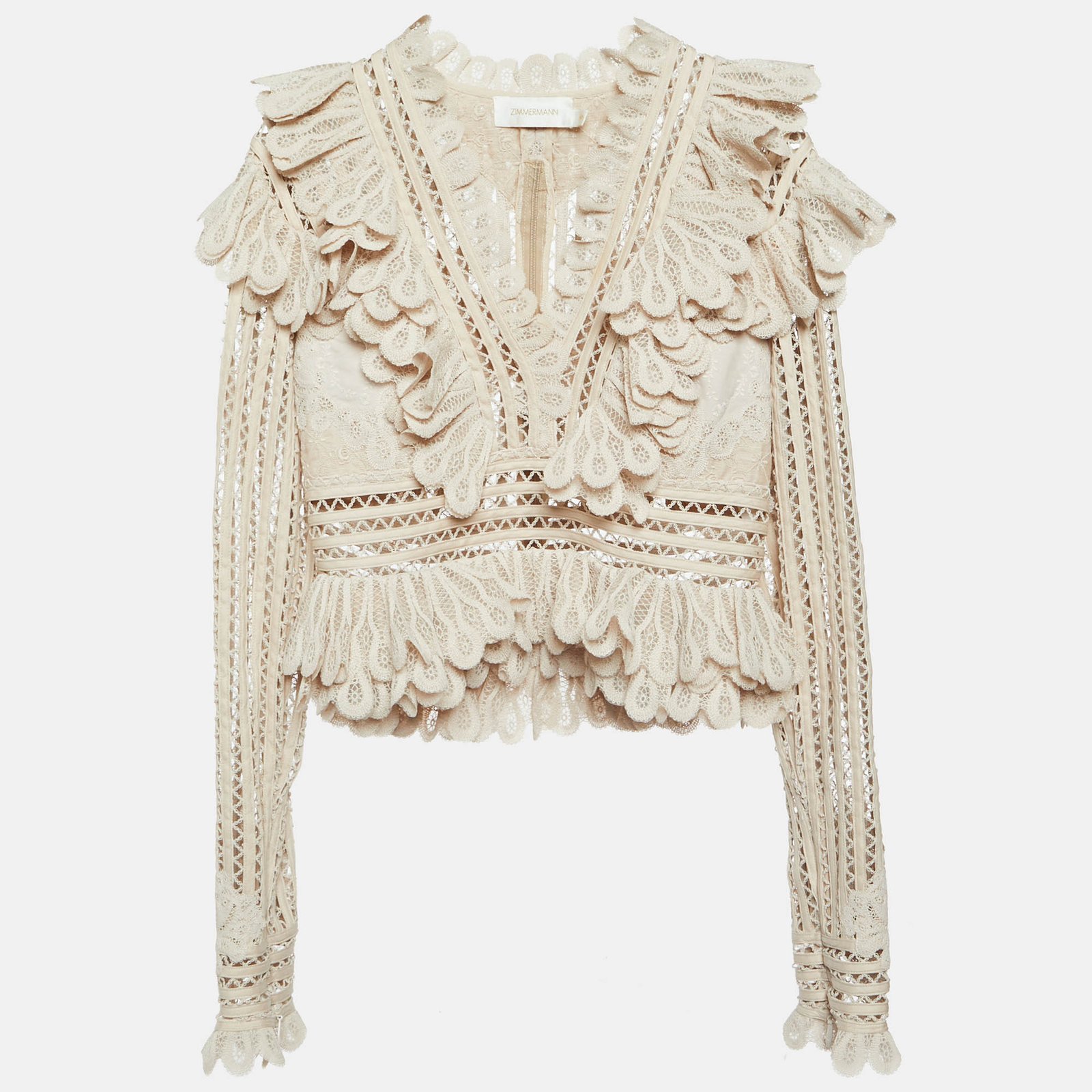 Zimmermann Beige Wool Blend Lace Ruffled V-Neck Top M