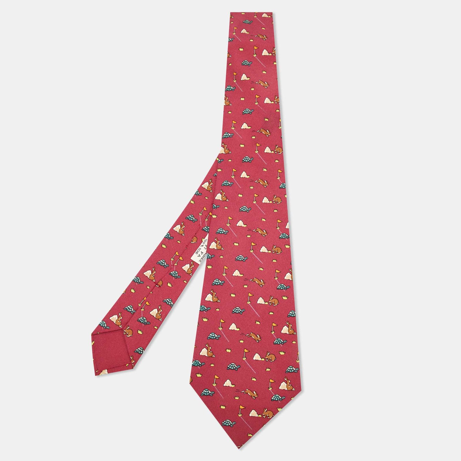 Hermès Maroon Bunny/Turtle Print Silk Classic Tie