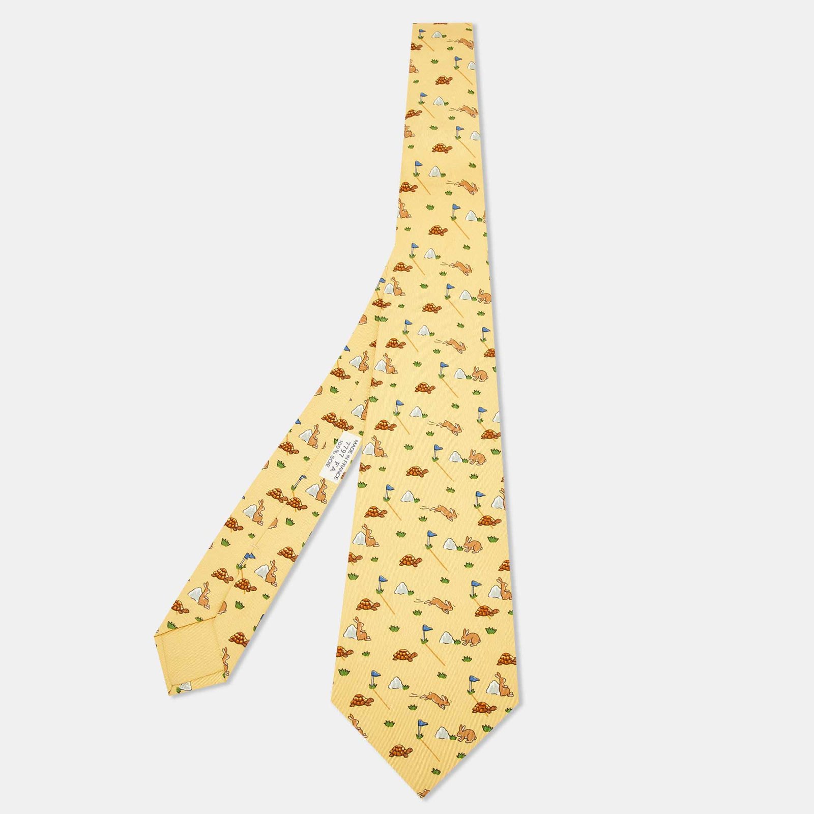 Hermès Yellow Turtle & Hare Print Silk Tie