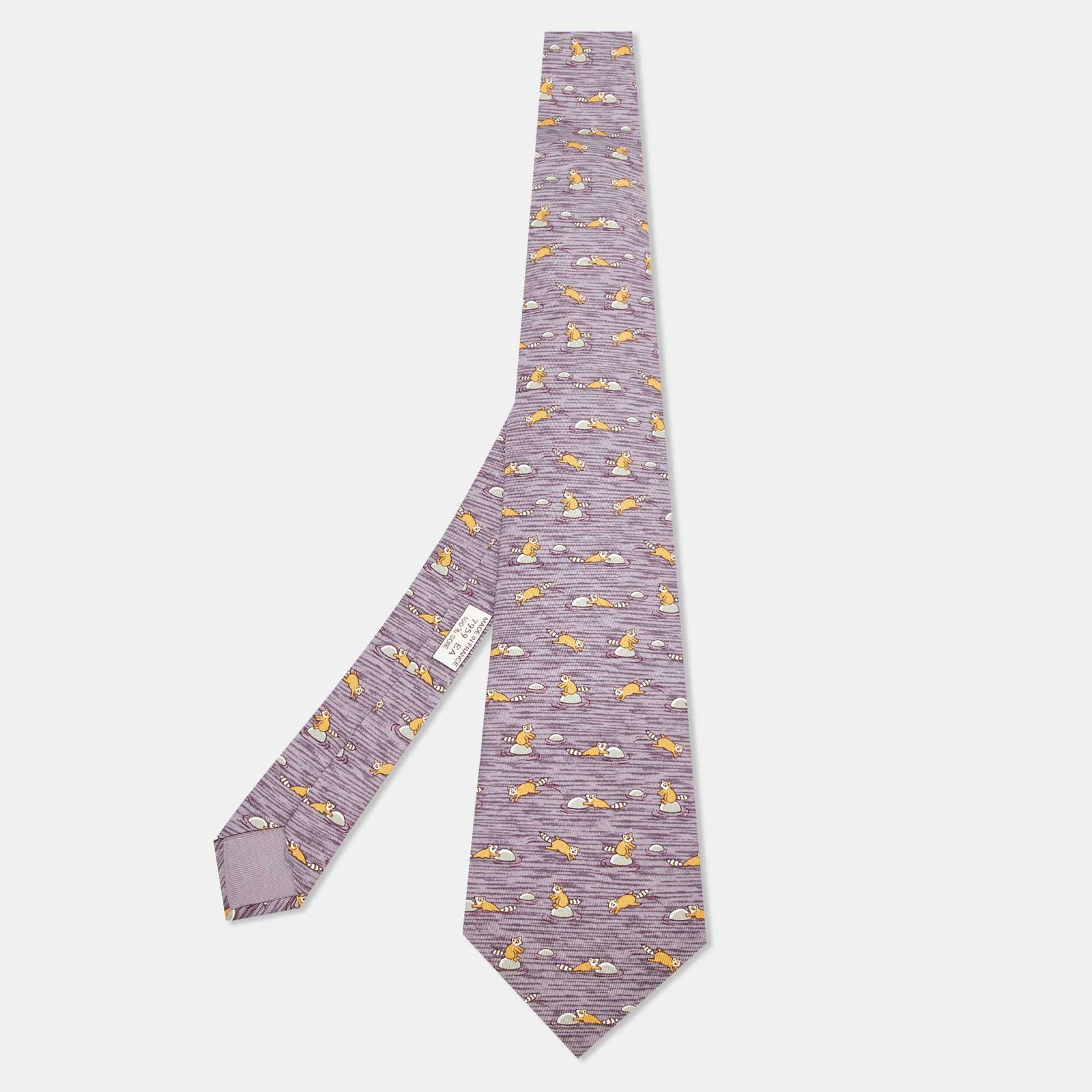 Hermès Purple Raccoon Print Silk Tie