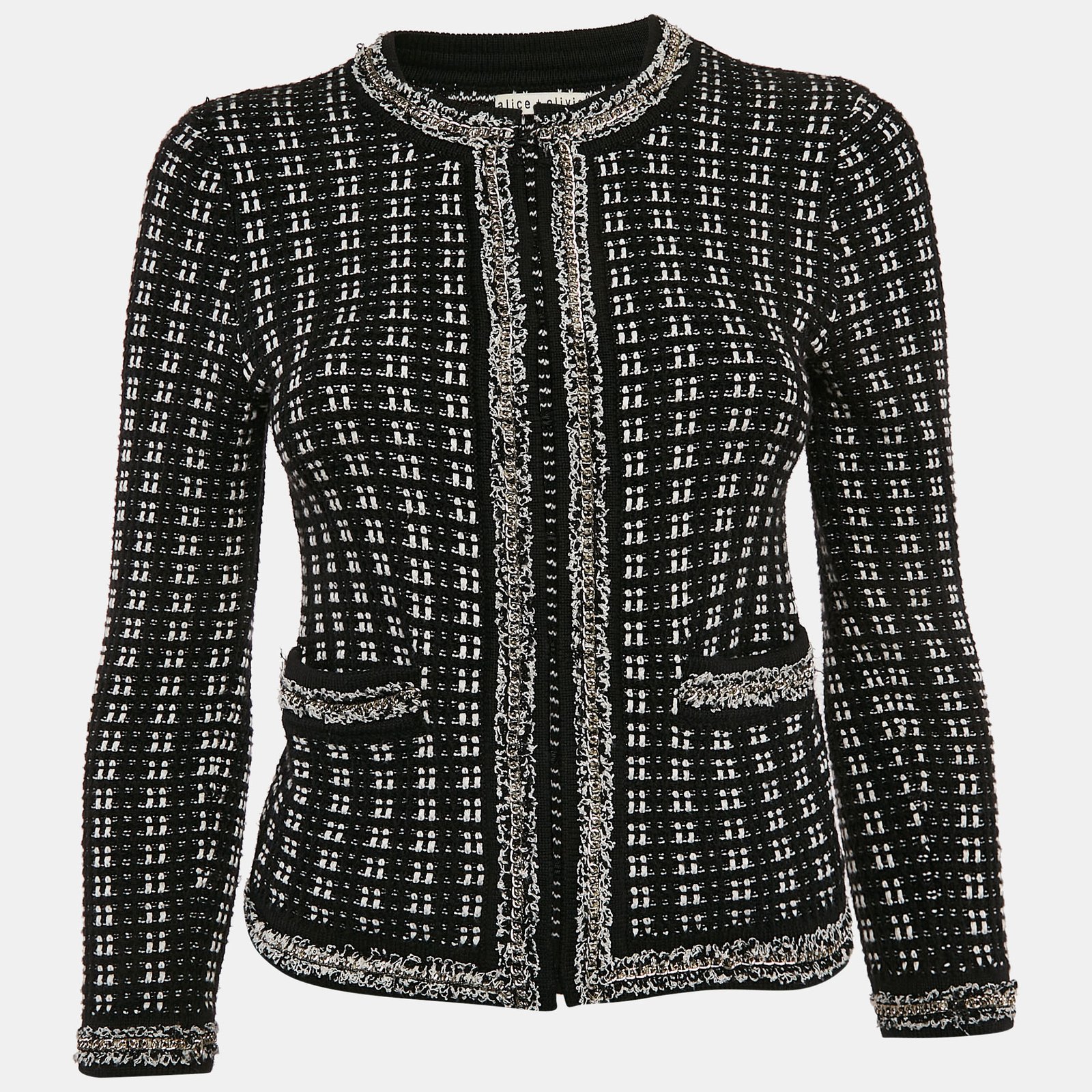 Alice + Olivia Black Georgia Embellished Tweed Jacket XS