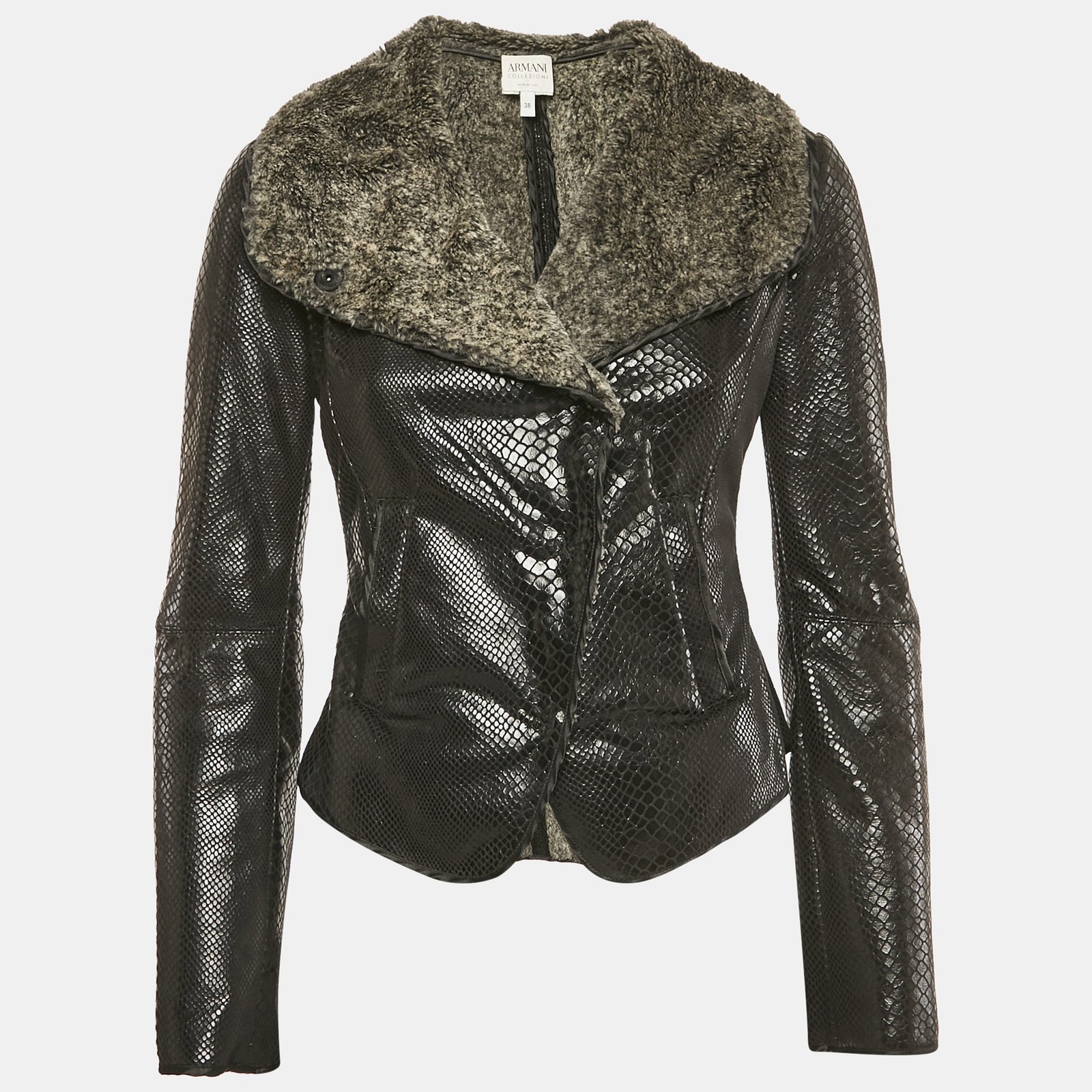 Armani Collezioni Black Snake Print Faux Leather and Fur Jacket S