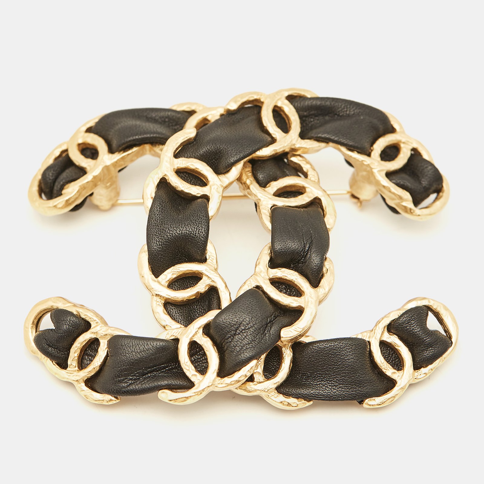 Chanel CC Leather Gold Tone Large Brooch