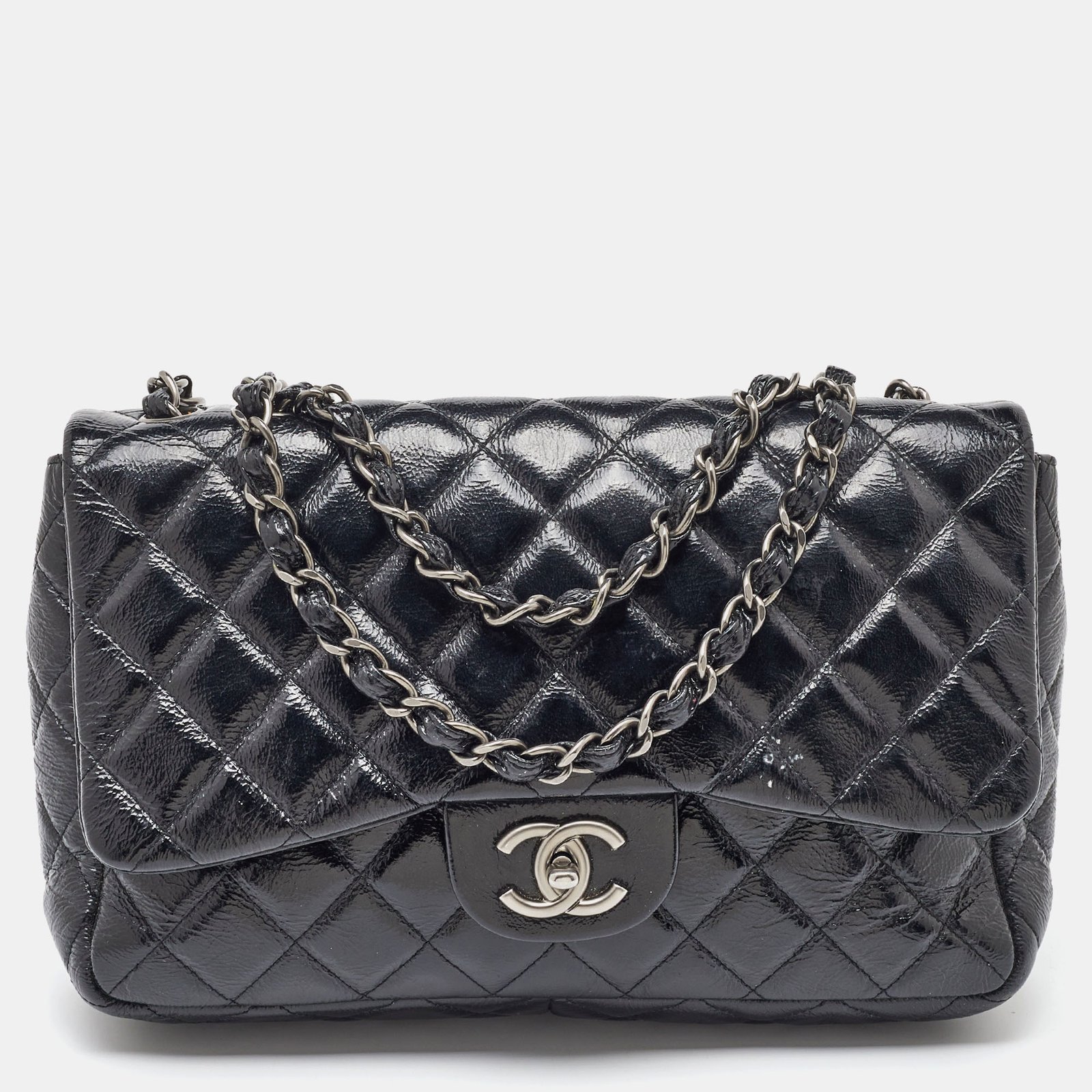 Chanel Black Crinkled Quilted Patent Leather Jumbo Single Flap Bag