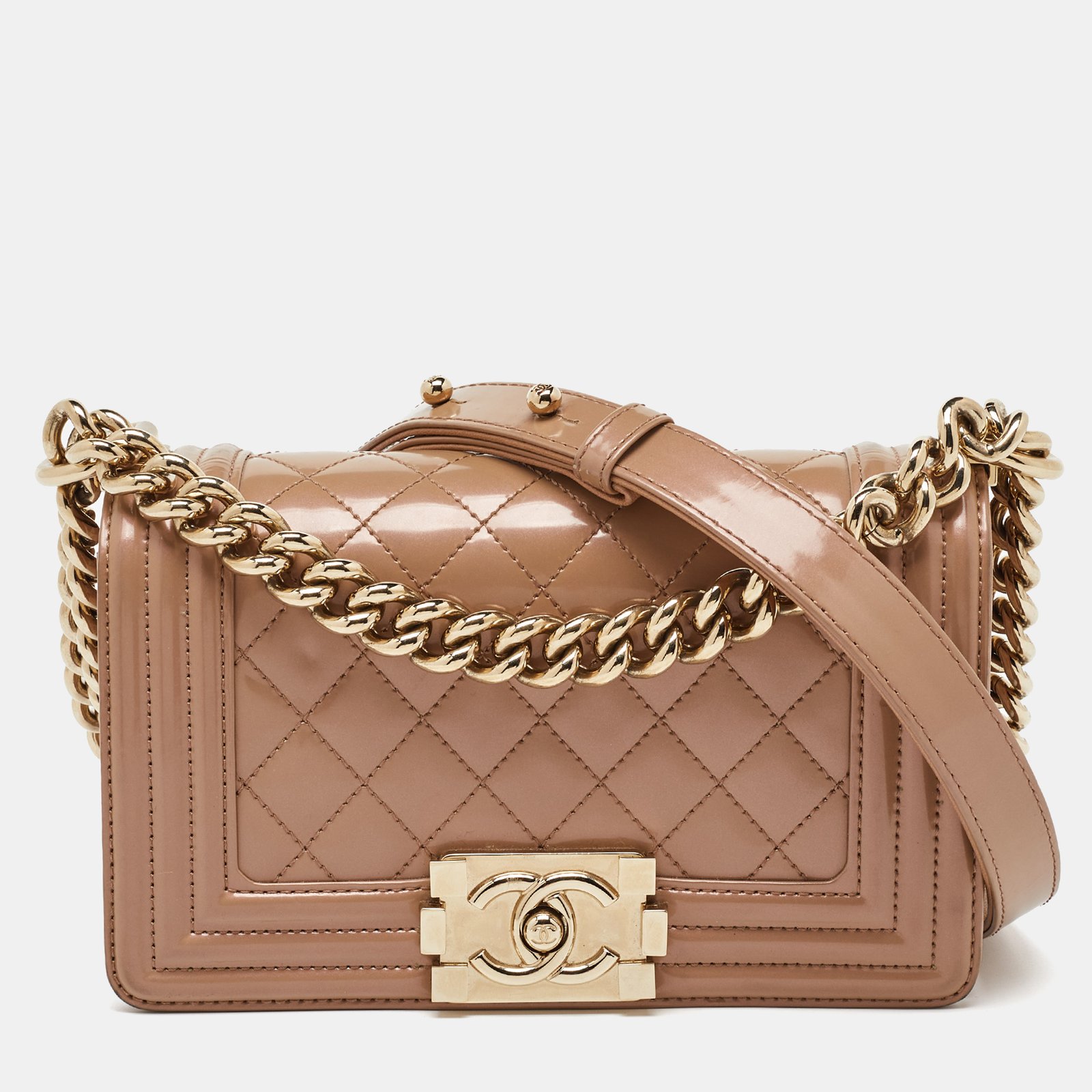 Chanel Beige Quilted Patent Leather Small Boy Flap Bag