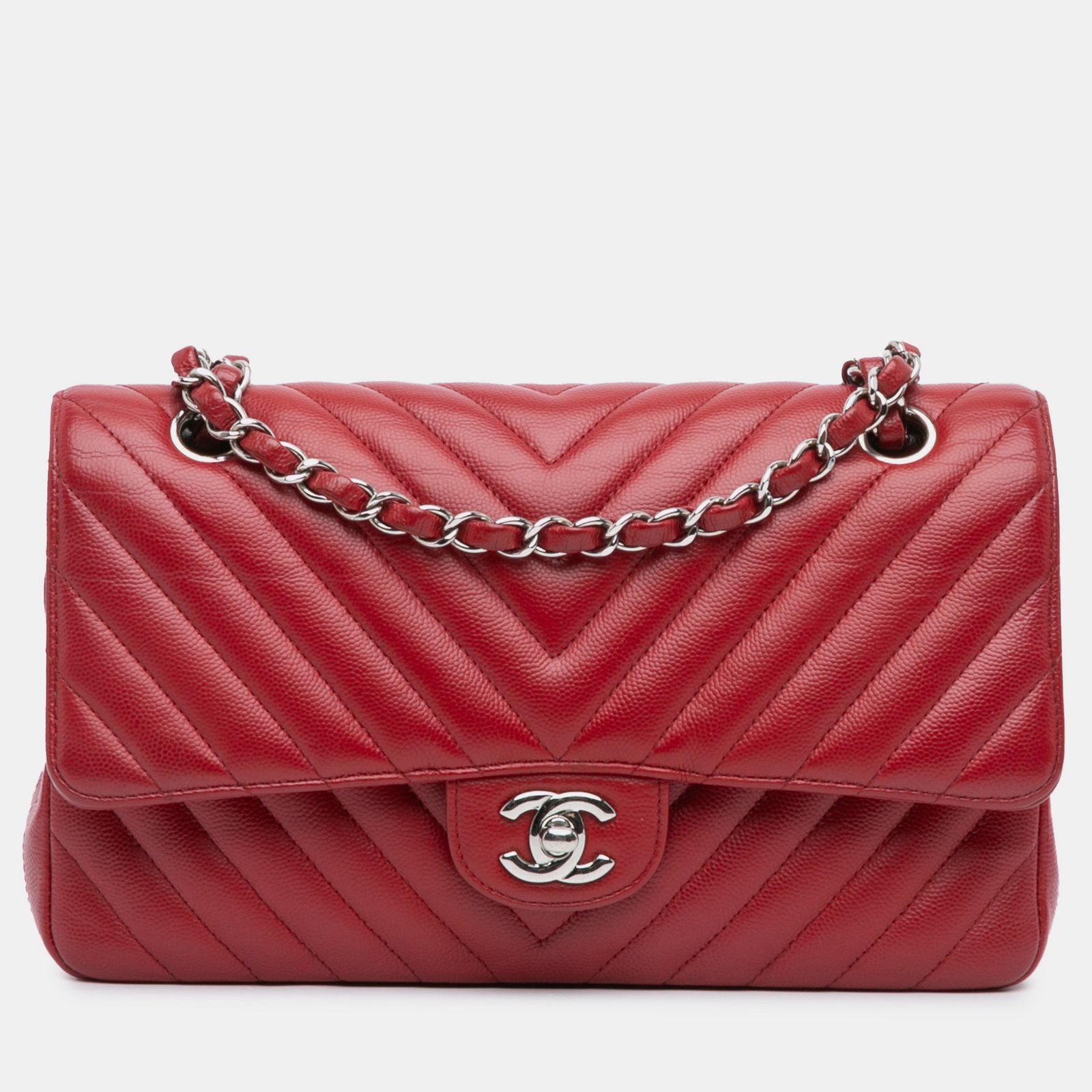 Chanel Red Caviar Medium Classic Chevron Double Flap Bag