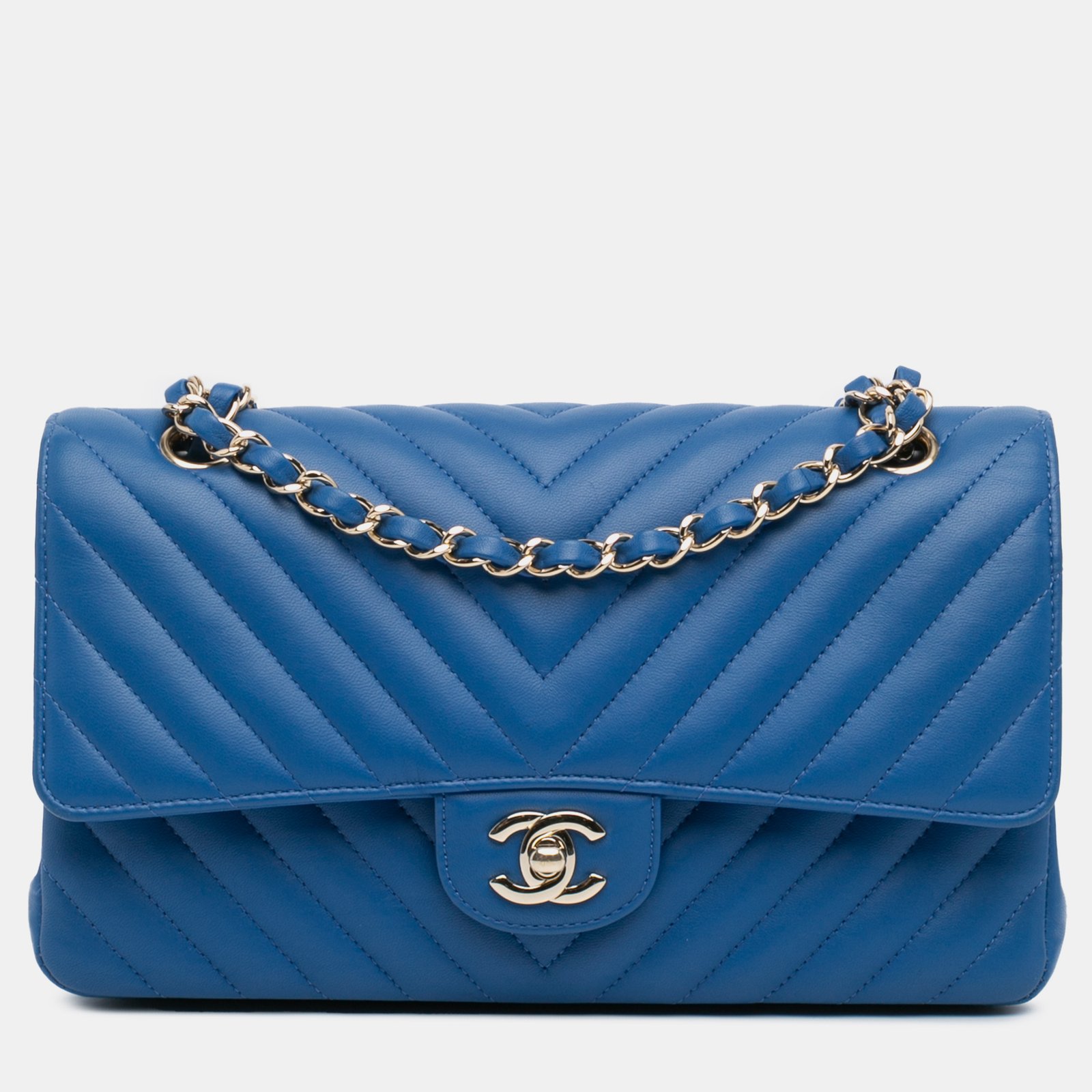 Chanel Blue Lambskin Medium Classic Chevron Double Flap Bag