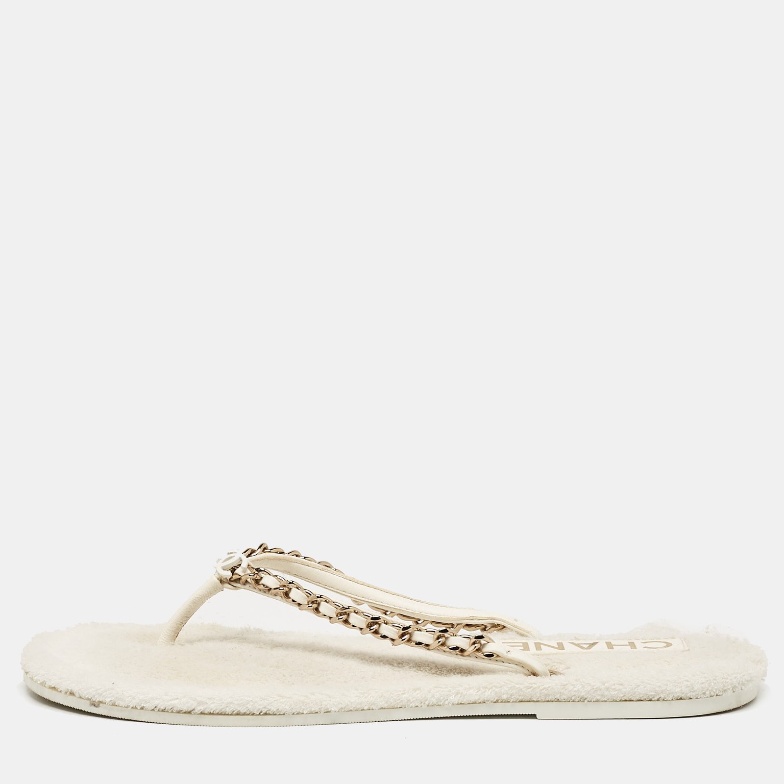 Chanel White Leather CC Chain Thong Flats Size 38
