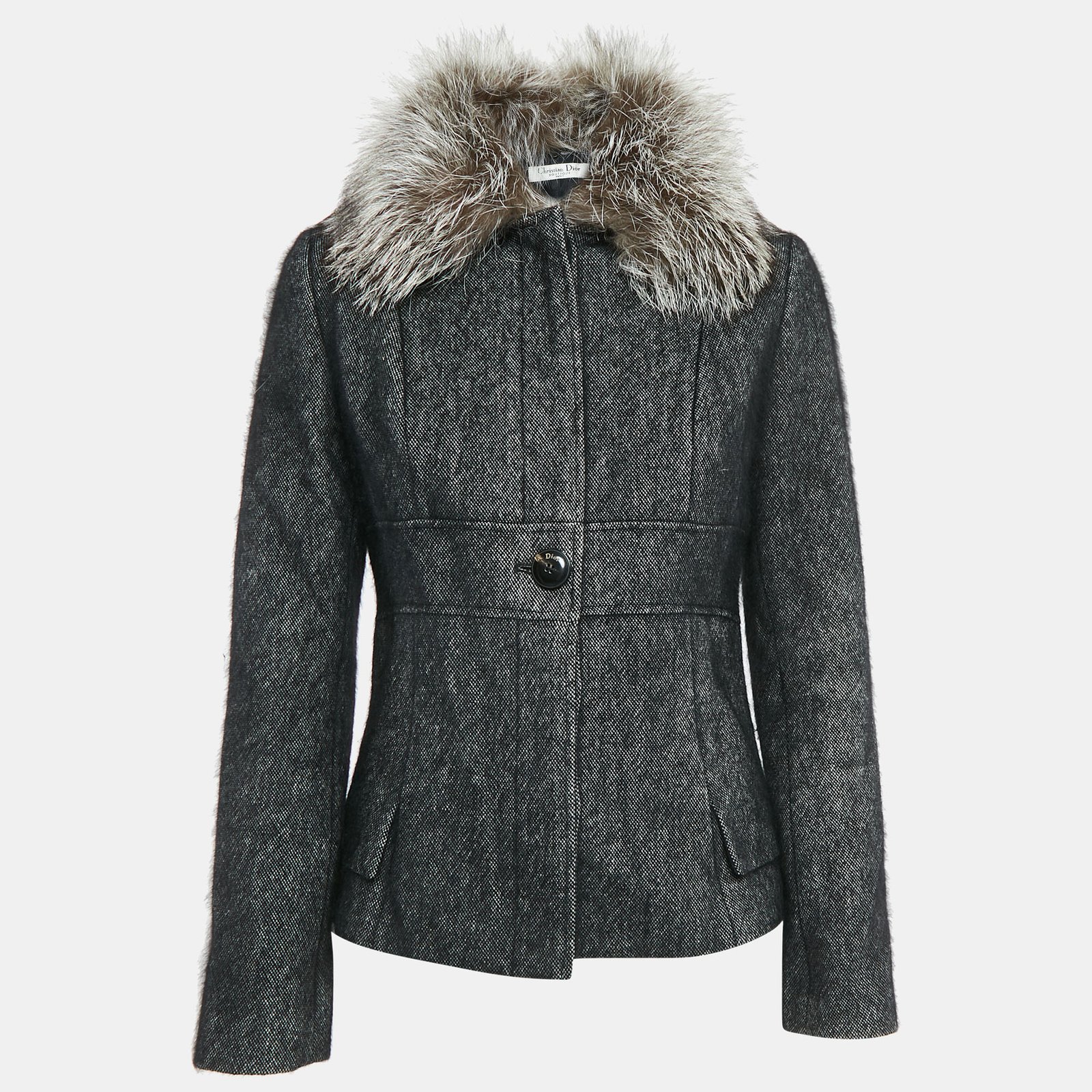 Dior Black Wool Blend Detachable Fur Button Front Jacket M