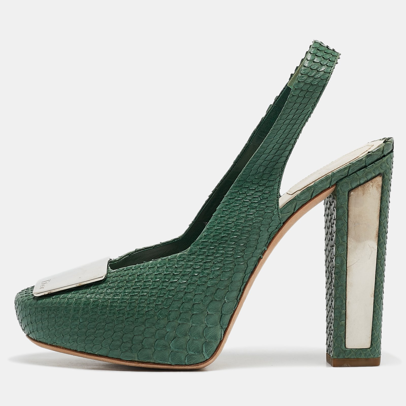 Dior Green Python Embellished Platform Slingback Pumps Size 39