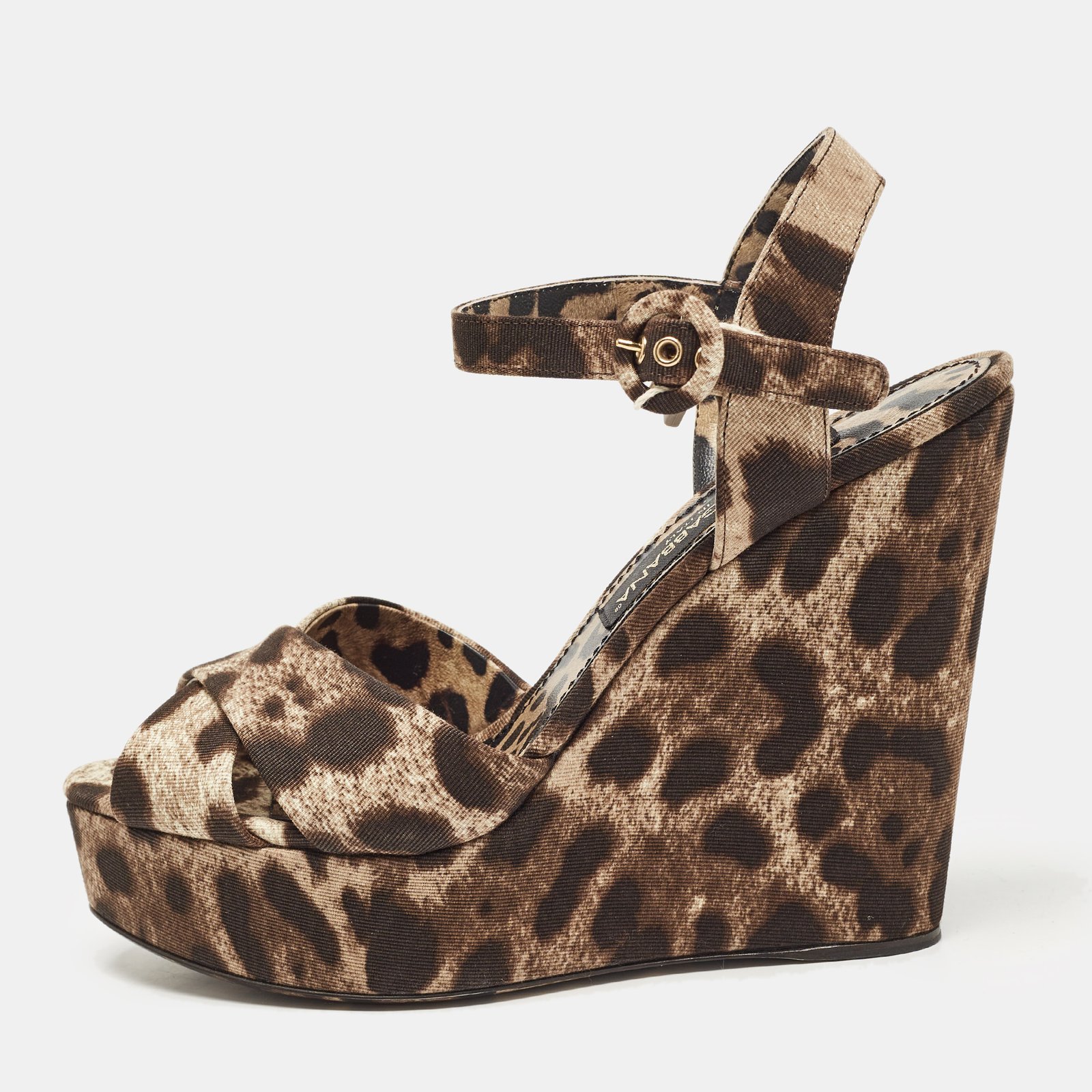 Dolce & Gabbana Brown Leopard Print Fabric Cross Strap Wedge Sandals Size 39.5