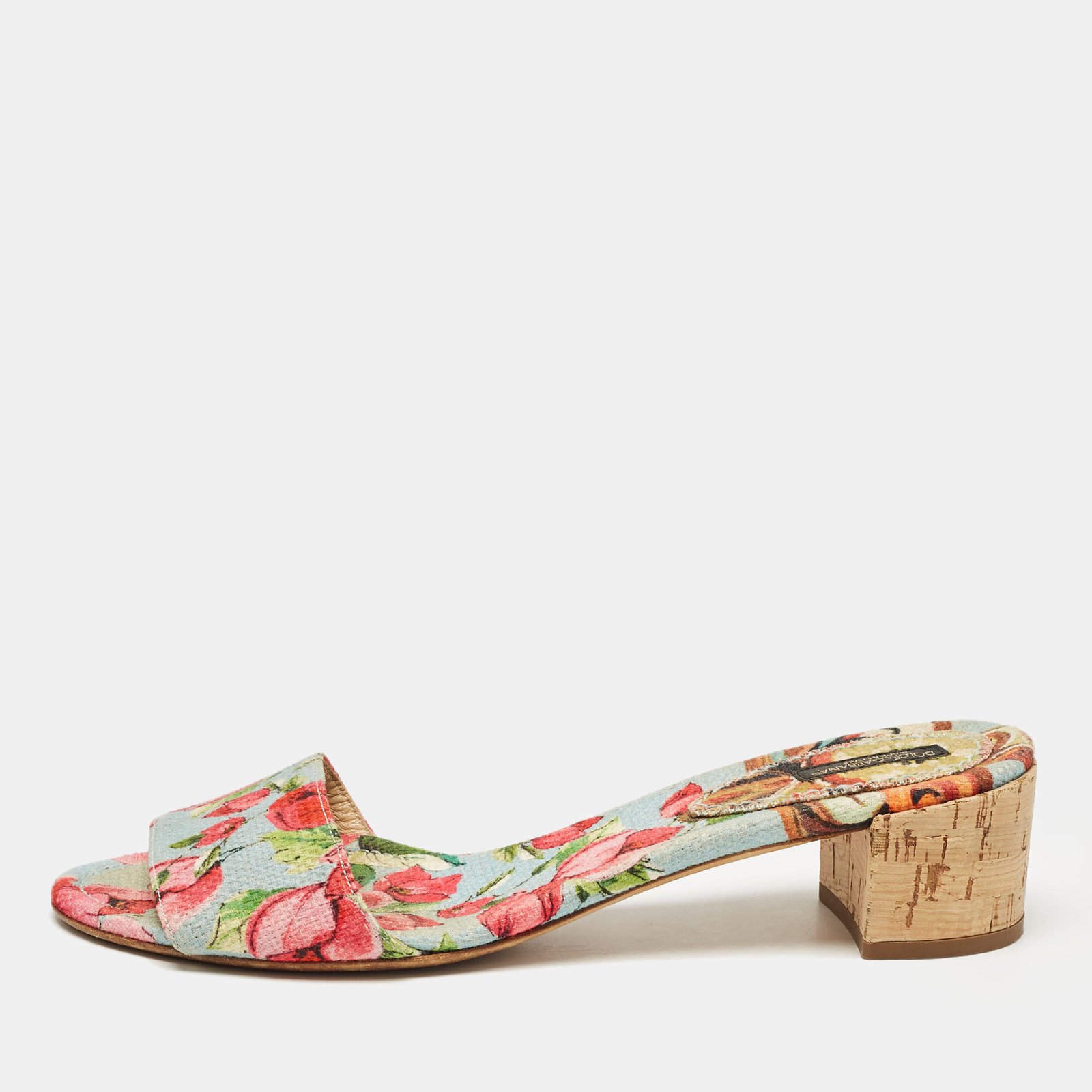 Dolce & Gabbana Multicolor Canvas Cork Heel Slide Sandals Size 40