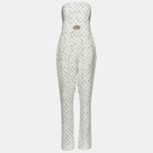 Elisabetta Franchi White Printed Crepe Strapless Jumpsuit XL