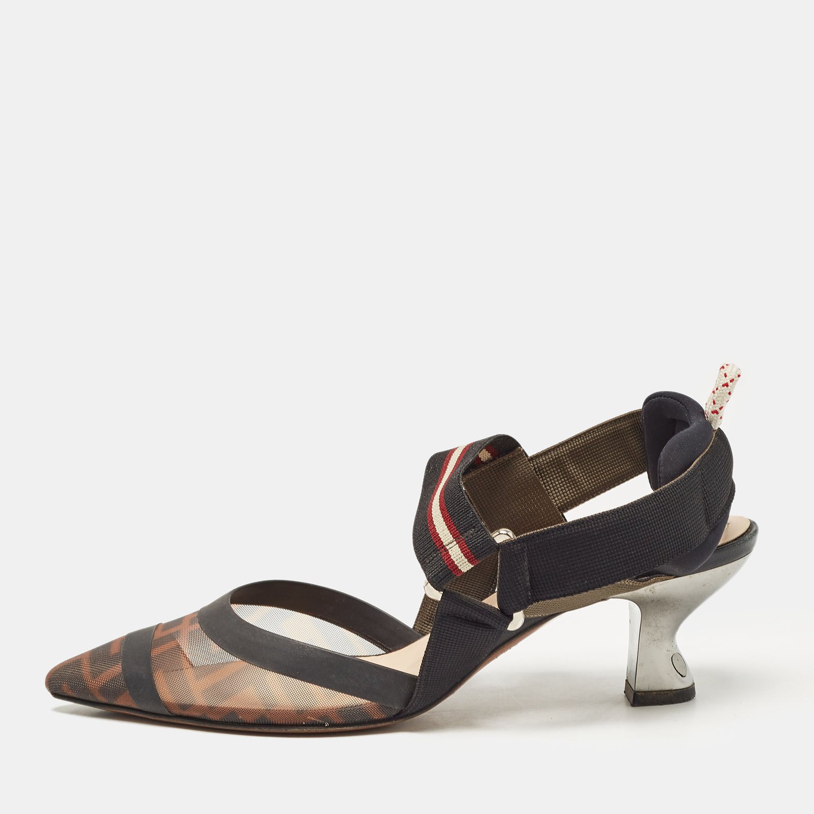 Fendi Black/Brown Zucca Mesh and Leather Colibri Pumps Size 37.5