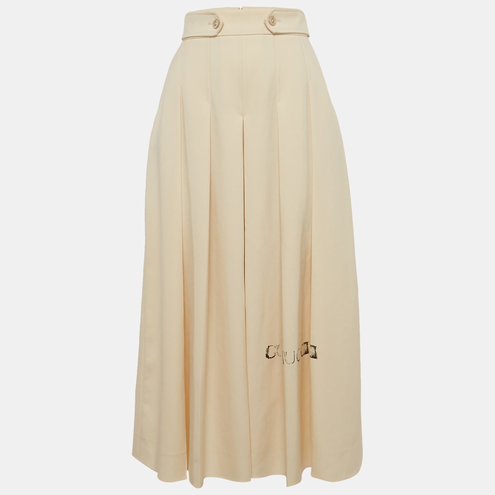 Gucci Cream Logo Print Gabardine Pleated Wool Culottes Trousers S