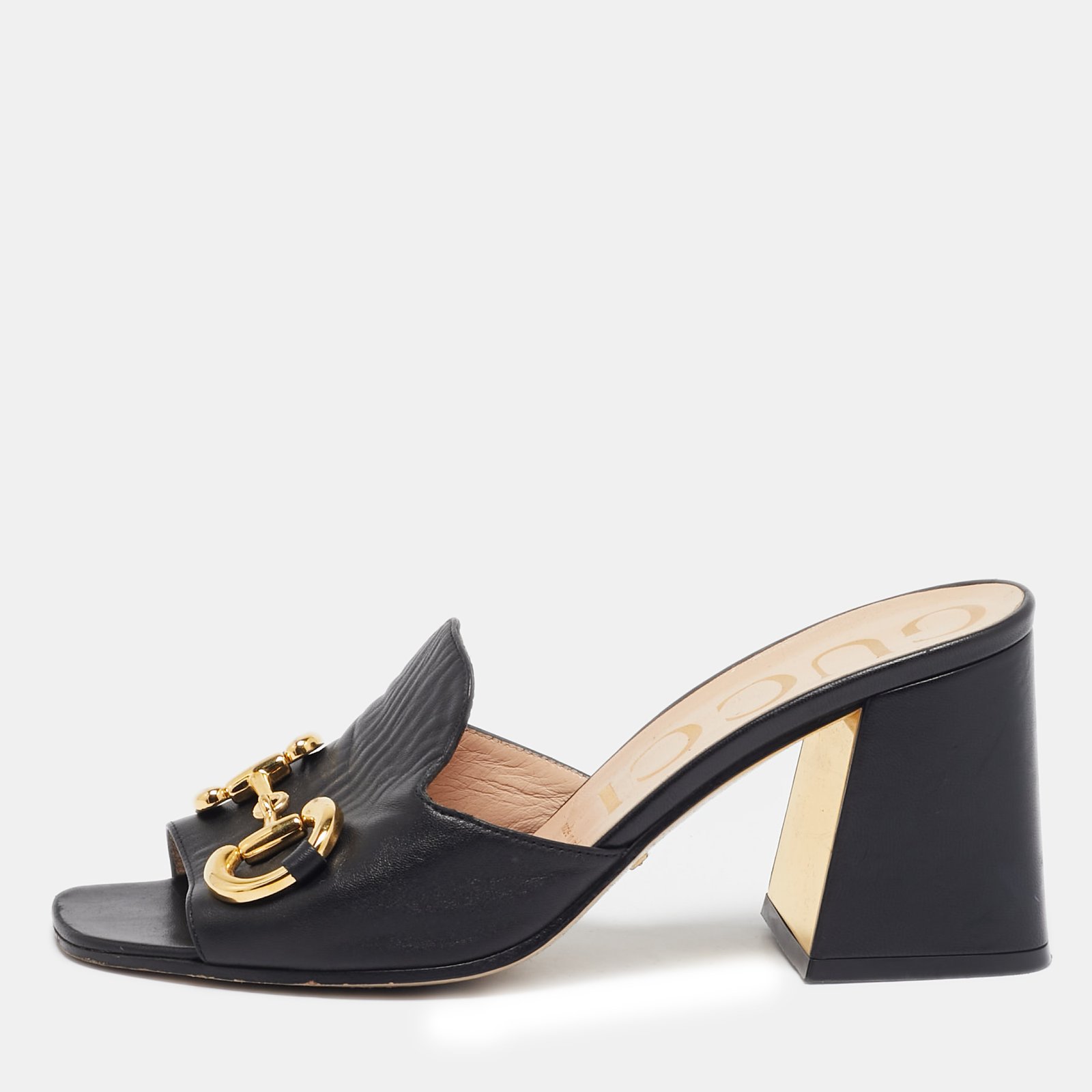 Gucci Black Leather Horsebit Slide Sandals Size 37.5