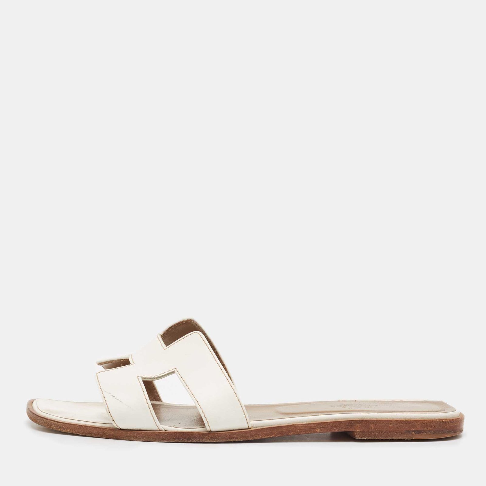 Hermes White Leather Oran Flat Slides Size 39