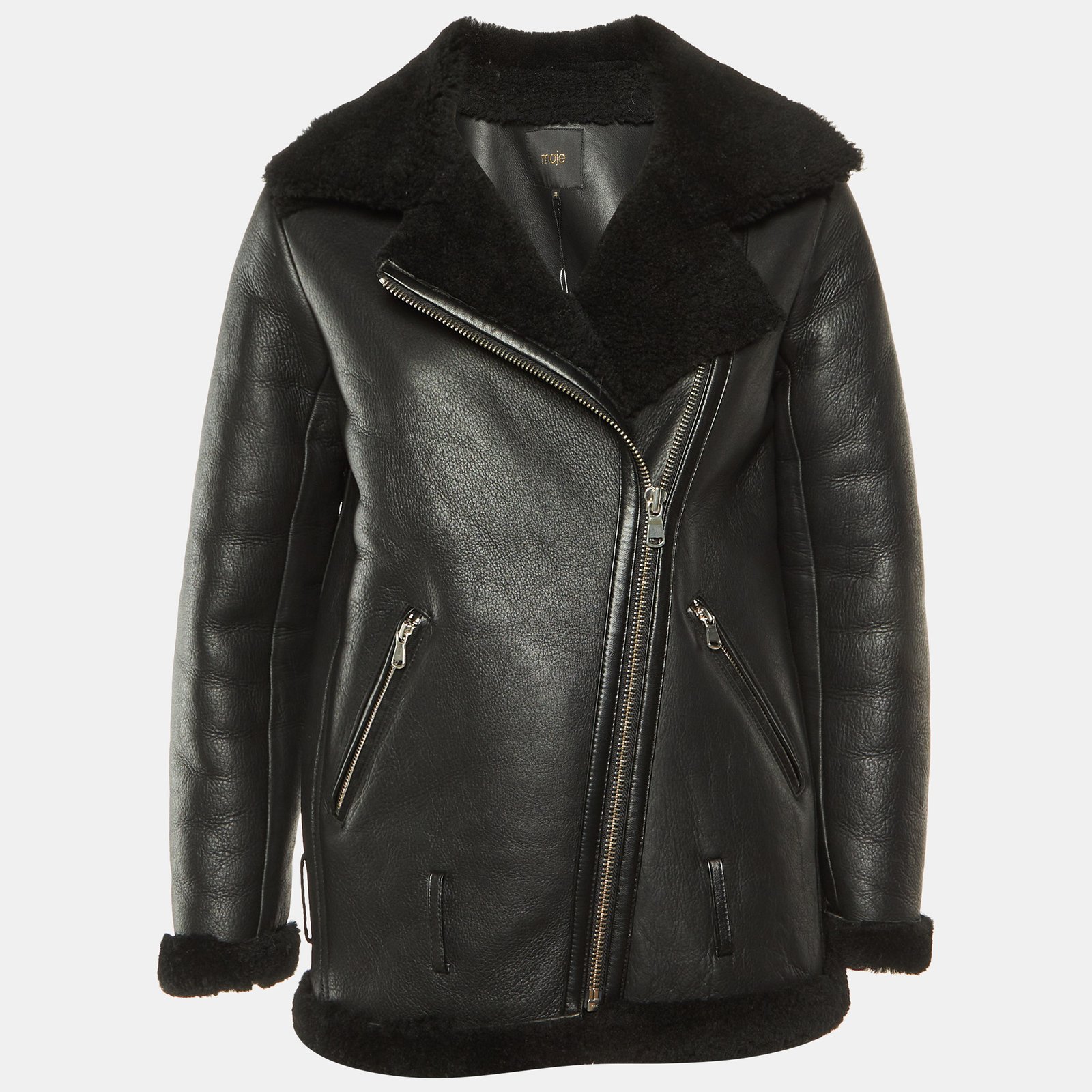 Maje Black Leather Shearling Gombery Biker Jacket S