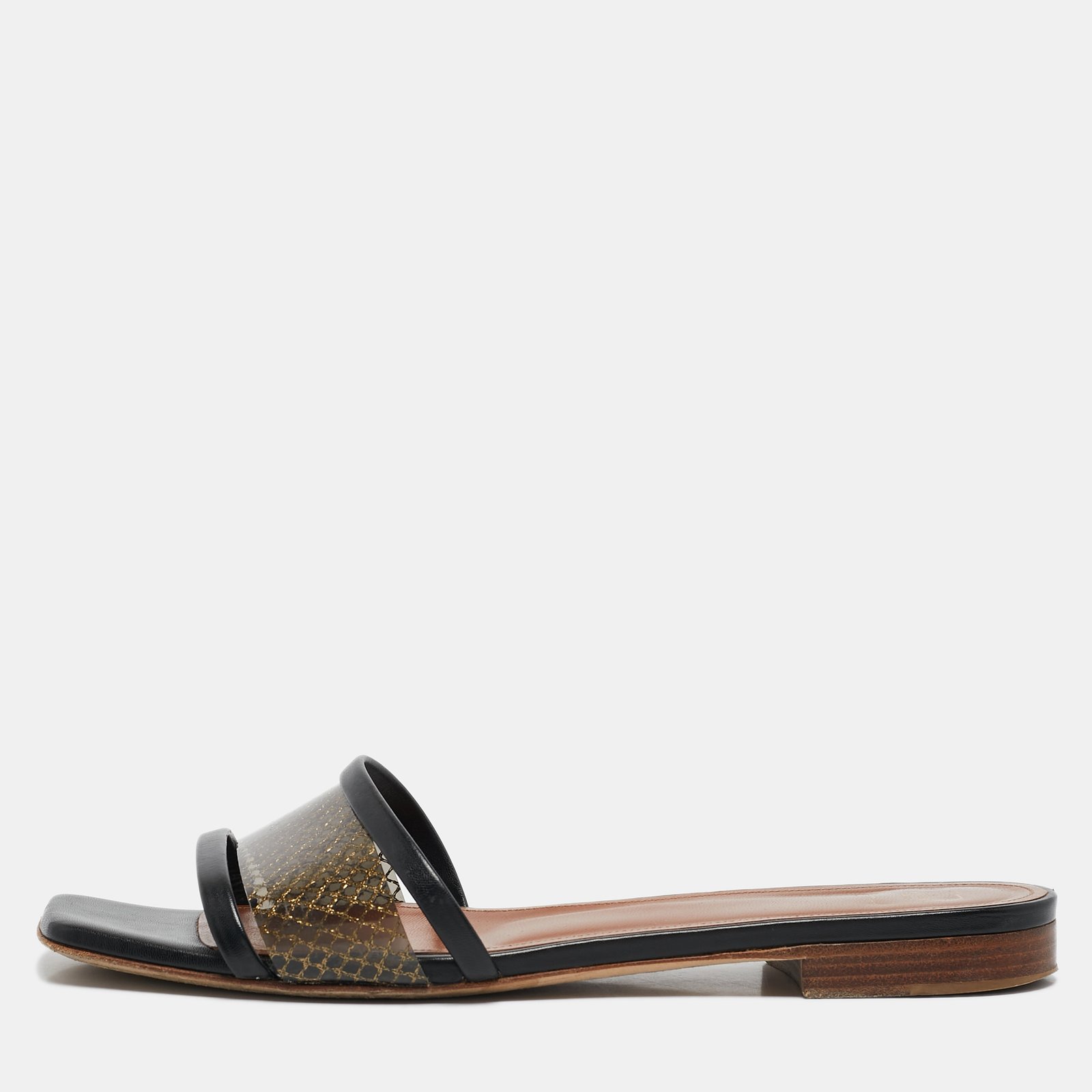 Malone Souliers Black/Gold Leather and PVC Demi Flat Slides Size 37
