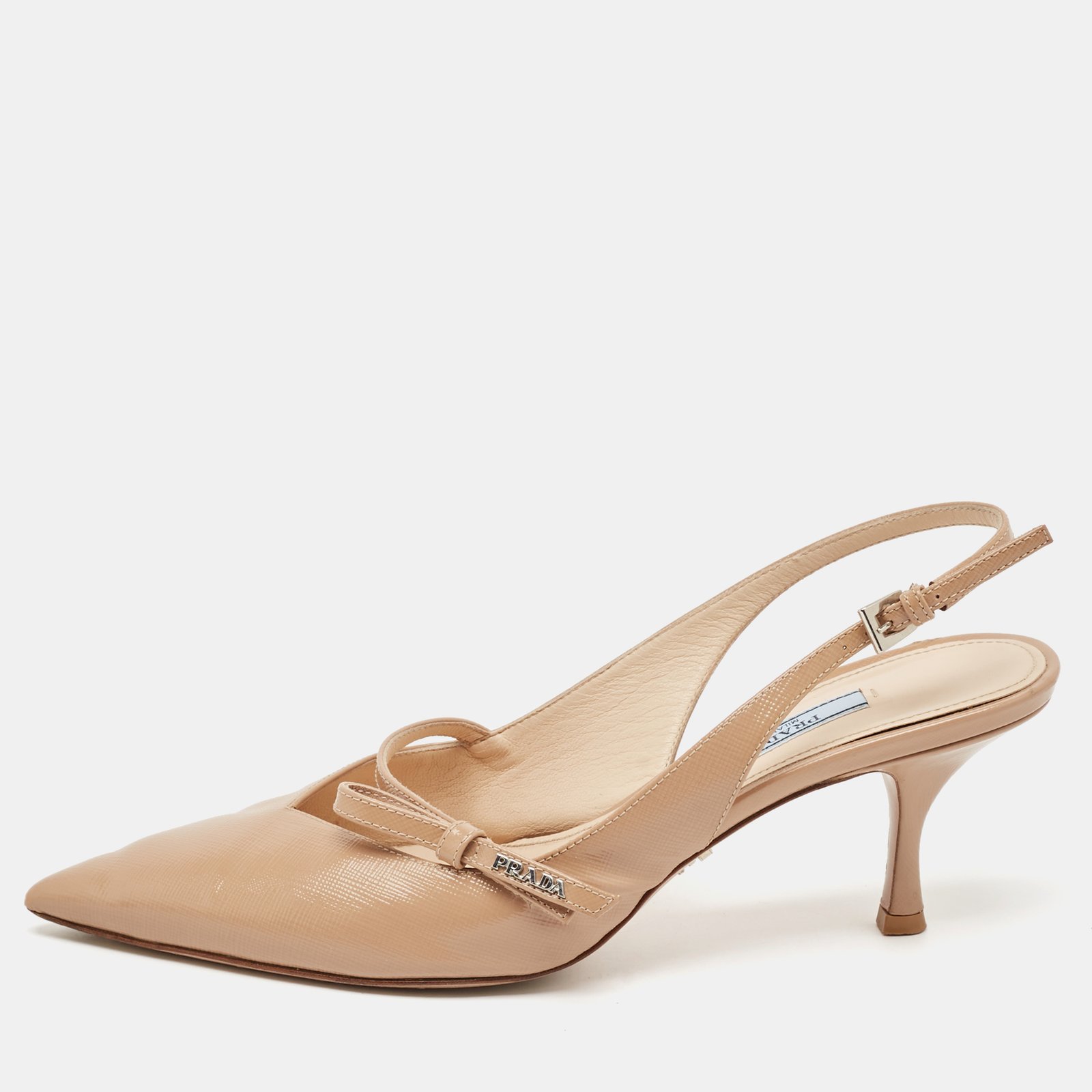 Prada Beige Patent Leather Bow Slingback Pumps Size 40