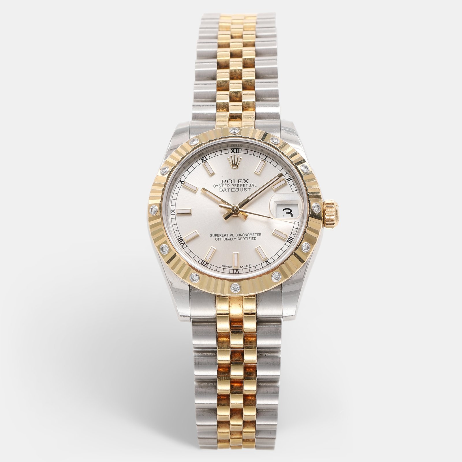 Rolex White 18k Yellow Gold 12 Diamond Bezel Oyster Perpetual Datejust  Women's Wristwatch 31 mm