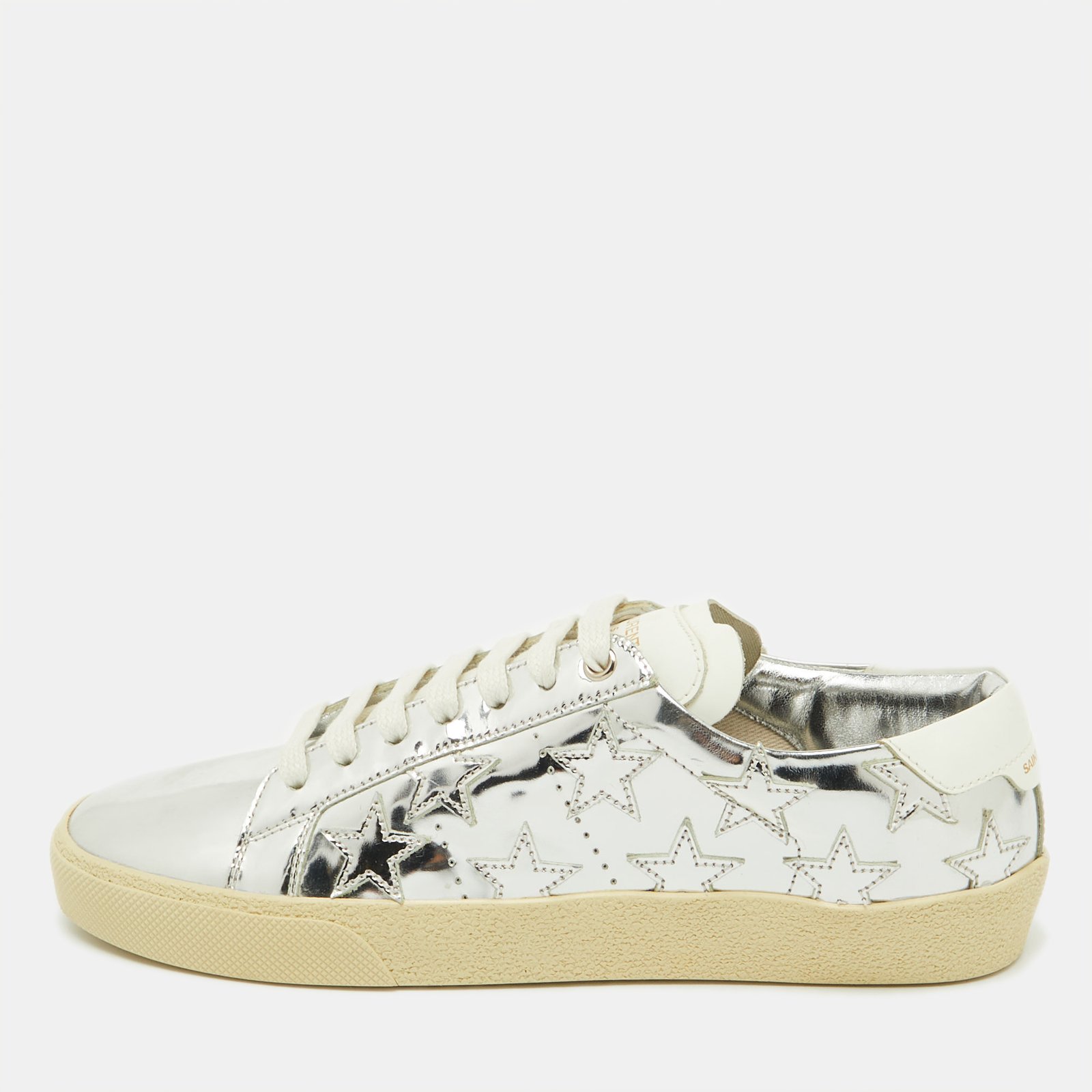 Saint Laurent Silver/White Leather Star Alpha Low Top Sneakers Size 38