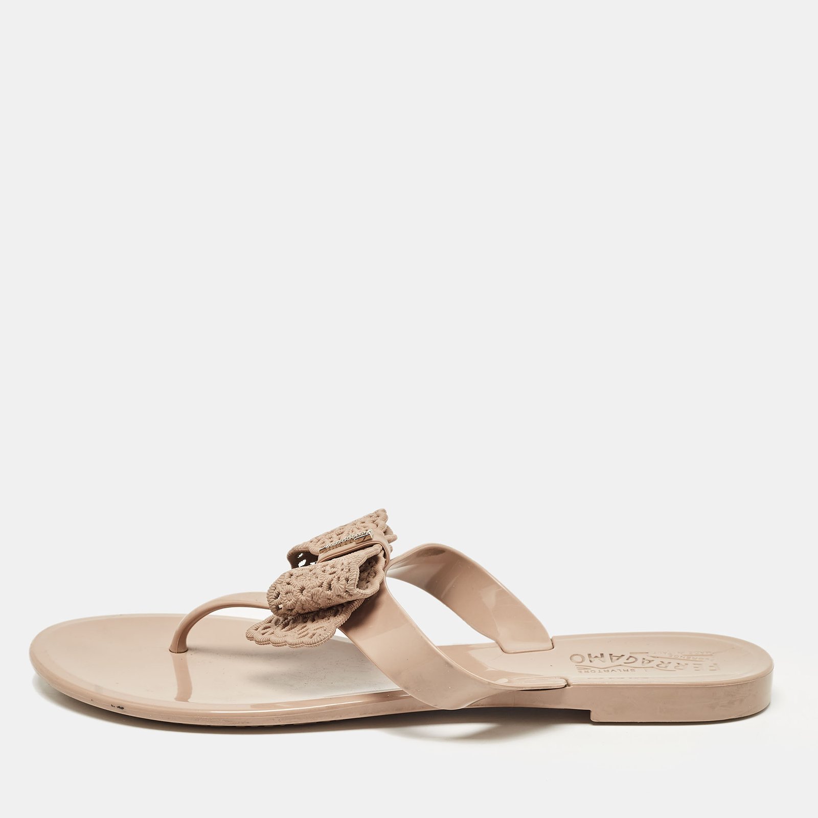 Salvatore Ferragamo Beige Jelly Thong Bow Flats Size 39.5