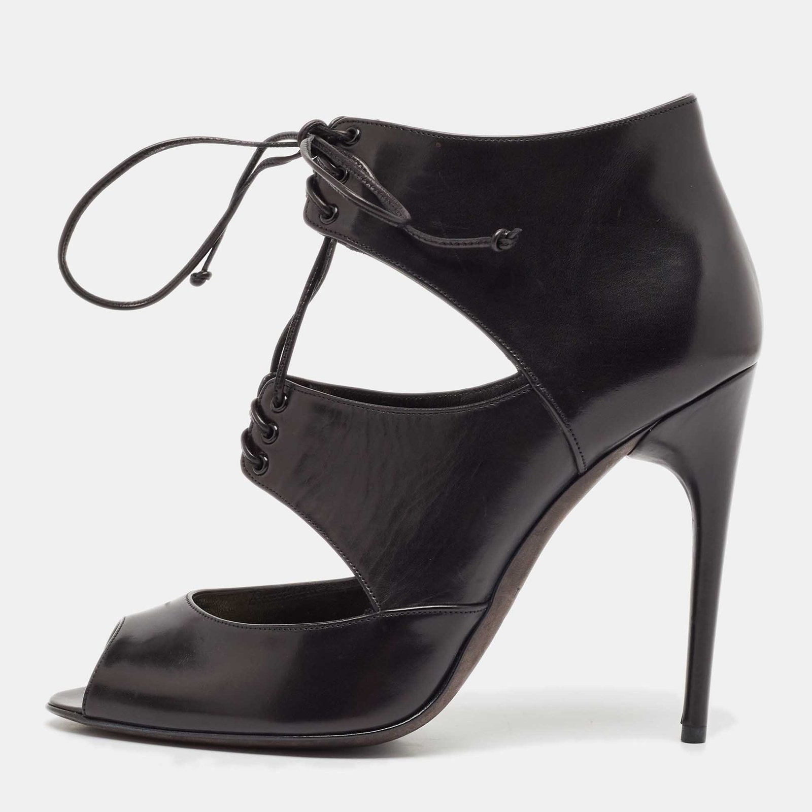 Tom Ford Black Leather Cut Out Peep Toe Ankle Booties Size 39.5