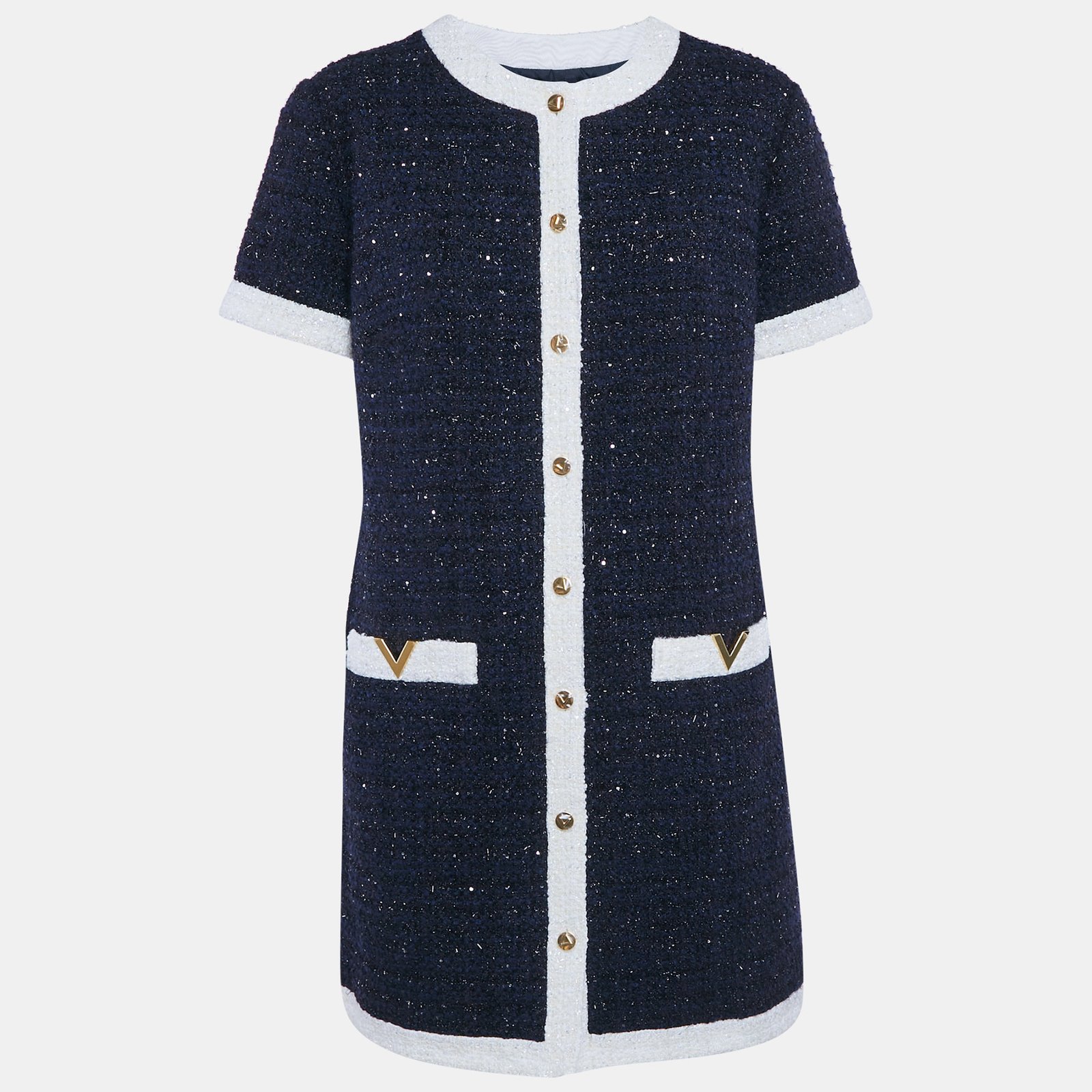 Valentino Navy Blue Sequin Embellished Lurex Bouclé-Tweed Mini Dress L