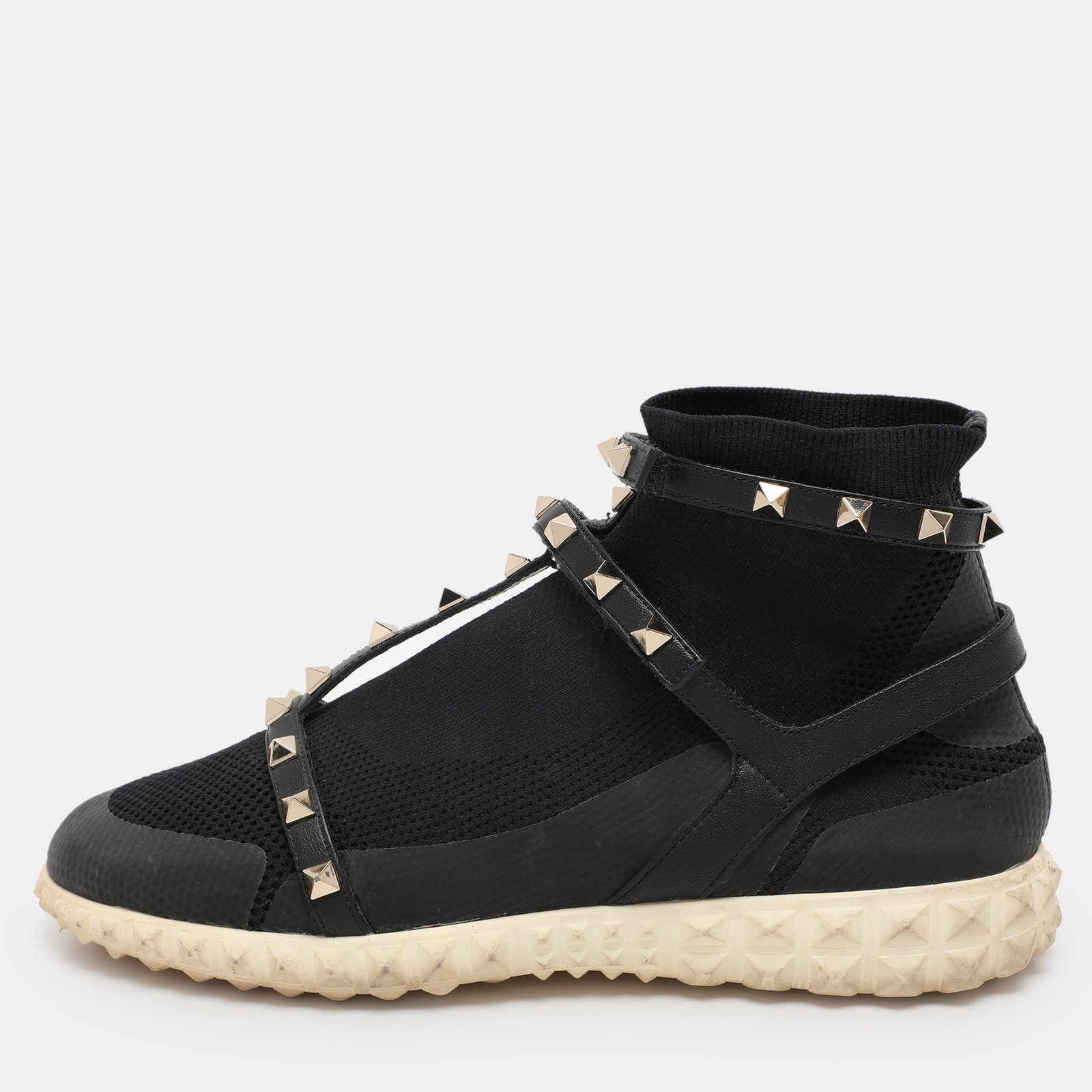 Valentino Black Knit Fabric and Leather Rockstud Bodytech High Top Sneakers Size 38