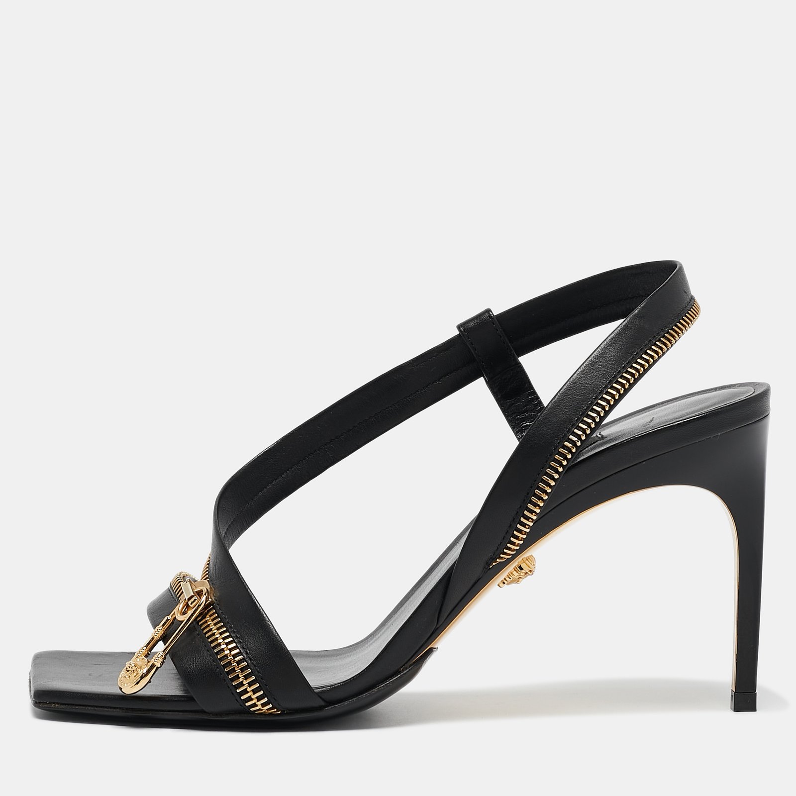 Versace Black Leather Safety Pin Zip Ankle Strap Sandals Size 37.5