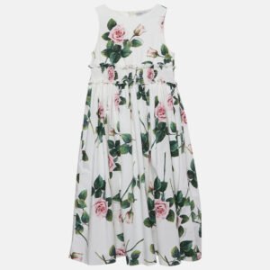 Dolce & Gabbana Kids White Floral Print Poplin Shirred Waist Midi Dress 11/12 Yrs