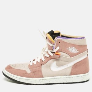 Air Jordans Beige/White Leather and Canvas Jordan 1 Mid Tan Gum Sneakers Size 45.5