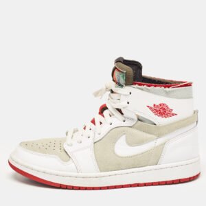 Air Jordans White/Grey Leather and Suede Jordan 1 High Zoom Air CMFT Hare Sneakers Size 42.5