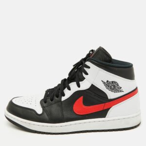 Air Jordans Black/White Leather Jordan 1 Mid Sneakers Size 46