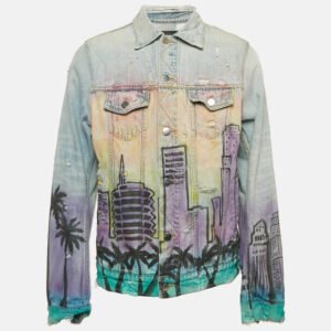 Amiri Blue Printed Denim Button Front Distressed Jacket XL