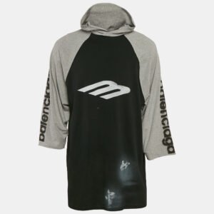 Balenciaga Black/Grey Stencil Logo Print Cotton Distressed Hoodie T-Shirt L