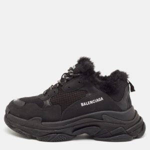 Balenciaga Black Fur and Mesh Triple S Lace Up Sneakers Size 42